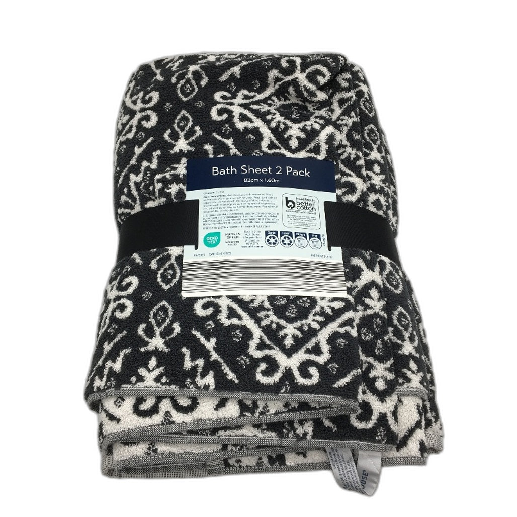 Kirkton House 2 Piece 100% Cotton Large Black White Pattern Bath Sheet Set NEW