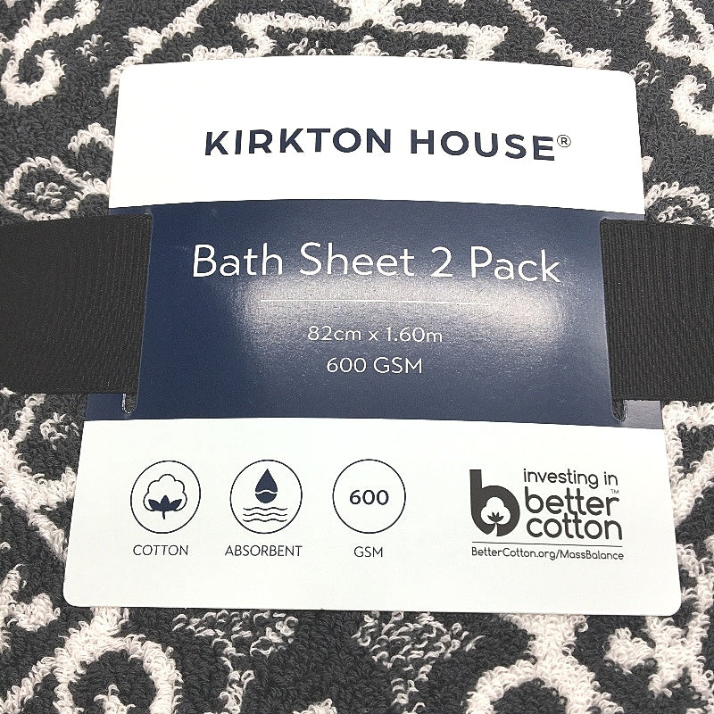 Kirkton House 2 Piece 100% Cotton Large Black White Pattern Bath Sheet Set NEW