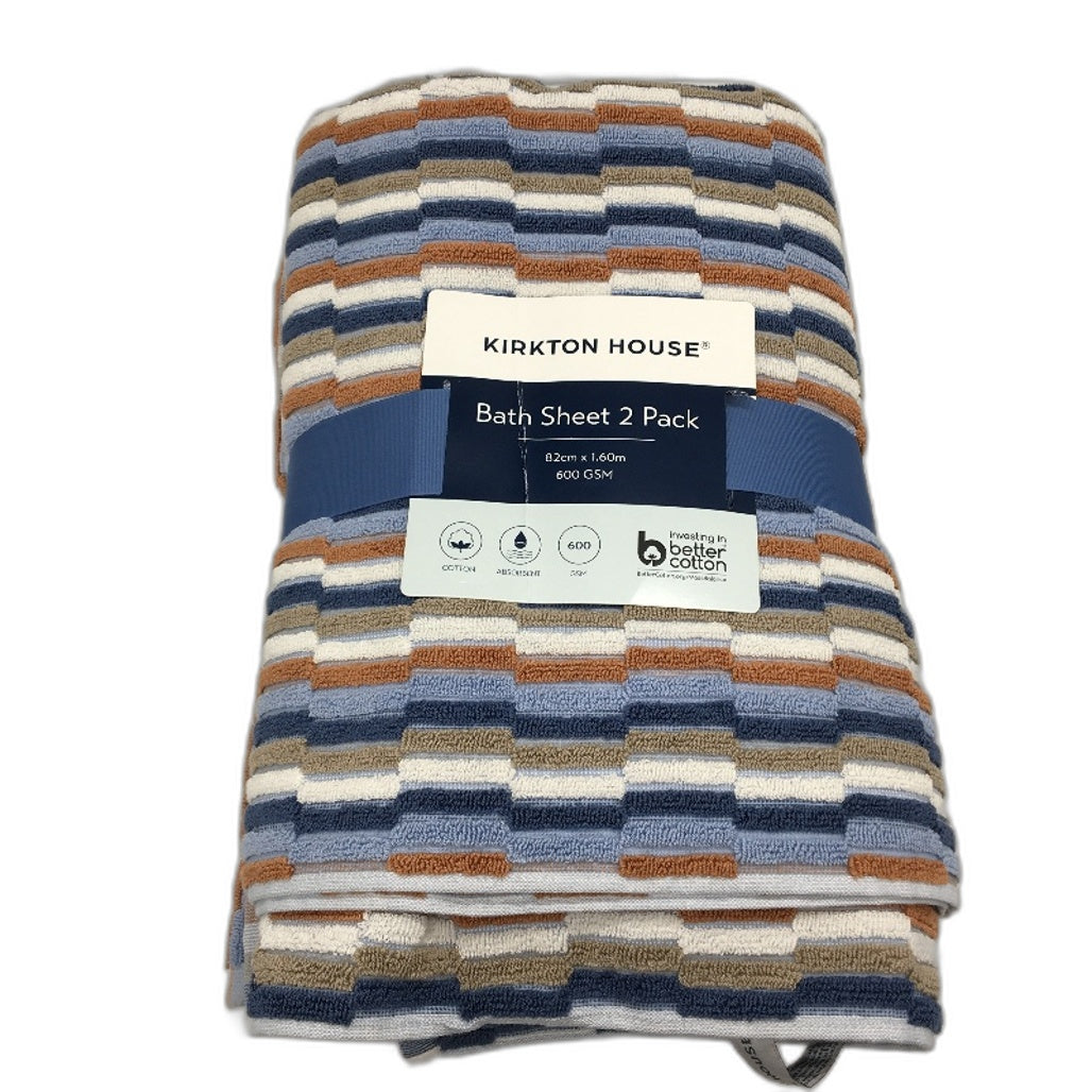 Kirkton House 2 Piece 100% Cotton Large Blue Tone Pattern Bath Sheet Set NEW