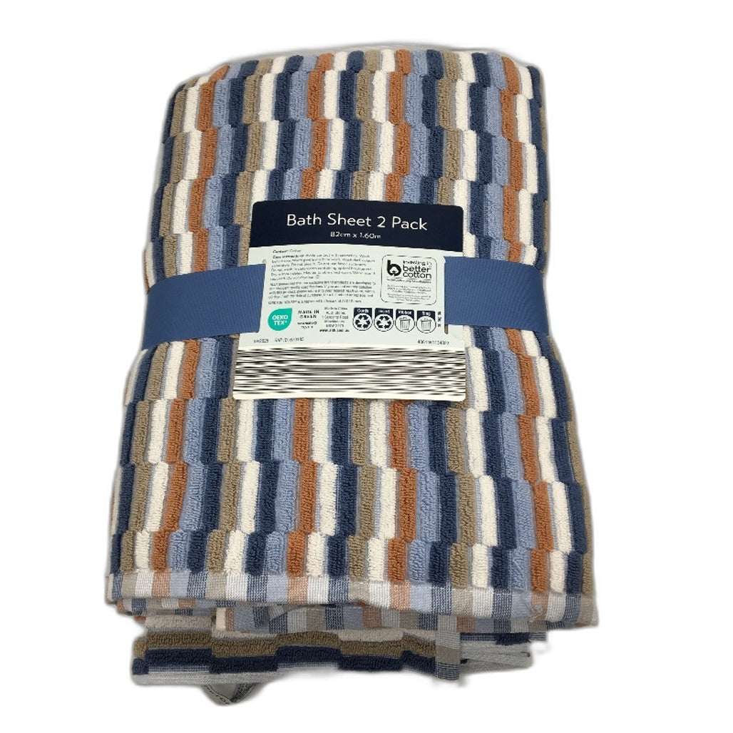 Kirkton House 2 Piece 100% Cotton Large Blue Tone Pattern Bath Sheet Set NEW