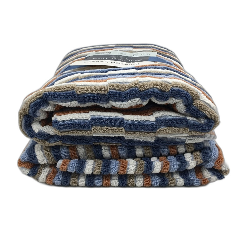 Kirkton House 2 Piece 100% Cotton Large Blue Tone Pattern Bath Sheet Set NEW