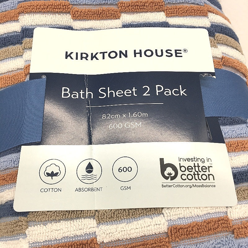Kirkton House 2 Piece 100% Cotton Large Blue Tone Pattern Bath Sheet Set NEW