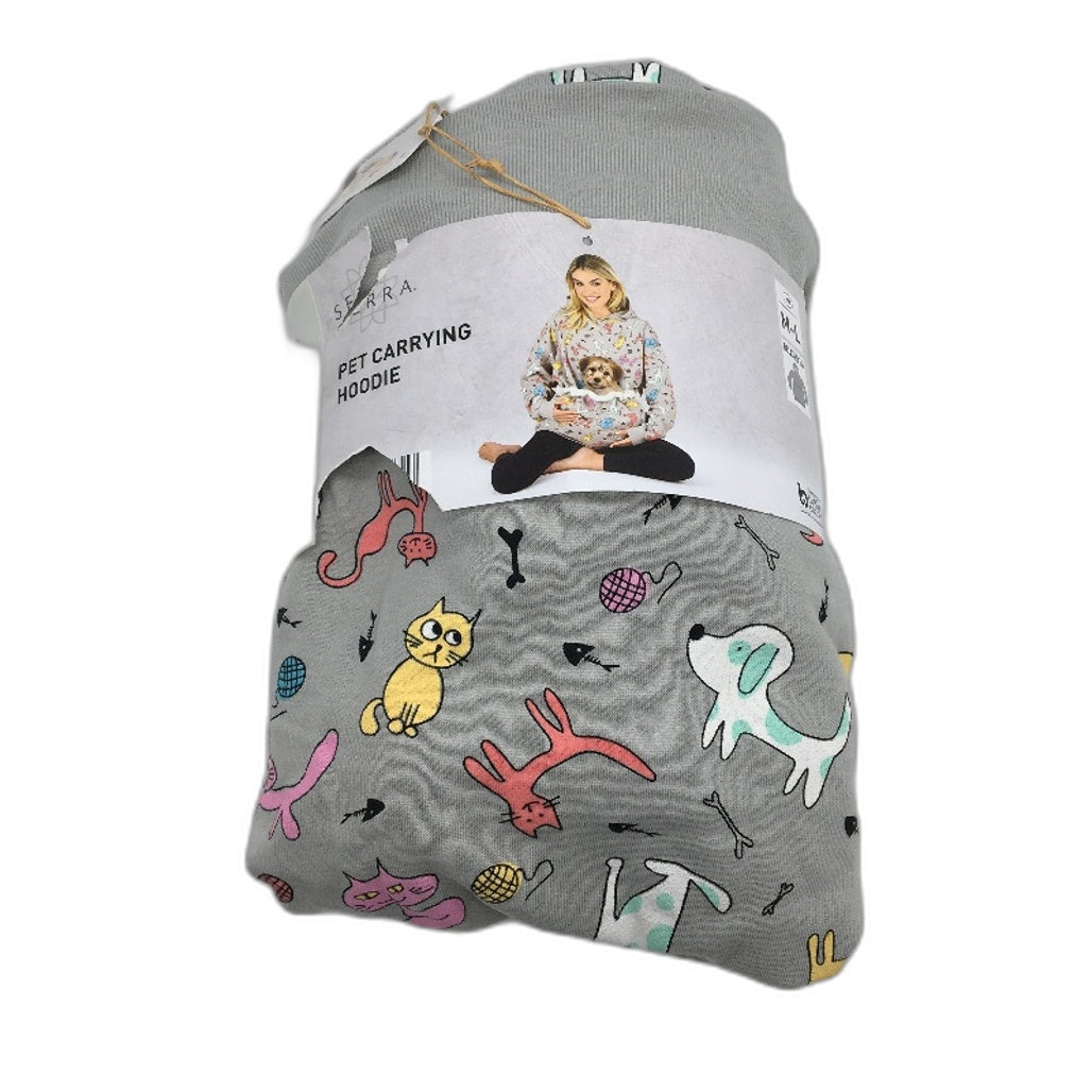 Crane Plush Fleece Pet Carrying Hoodie Grey Cat & Dog Pattern Unisex Sz M-L NEW