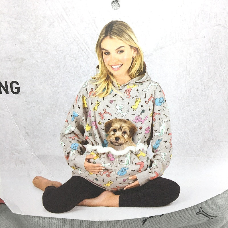 Crane Plush Fleece Pet Carrying Hoodie Grey Cat & Dog Pattern Unisex Sz M-L NEW