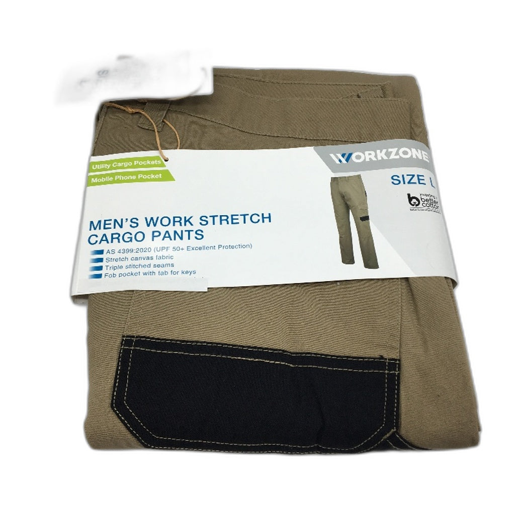 Workzone Khaki Cotton Work Stretch Utility Cargo Pants Mens Size L NEW