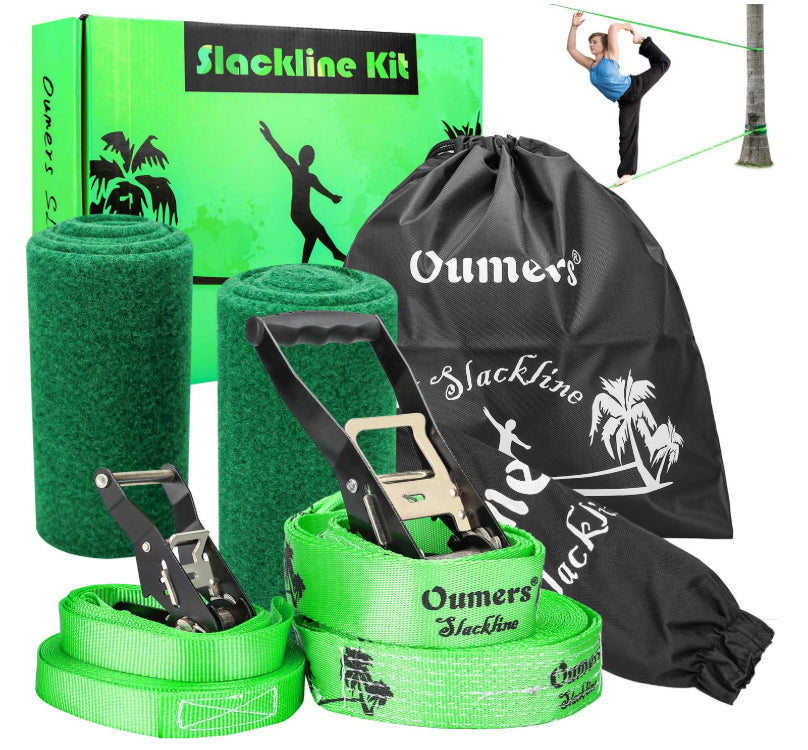 Oumers Beginner Slackline Kit Balance Practice 50ft Slack Line Strap Green