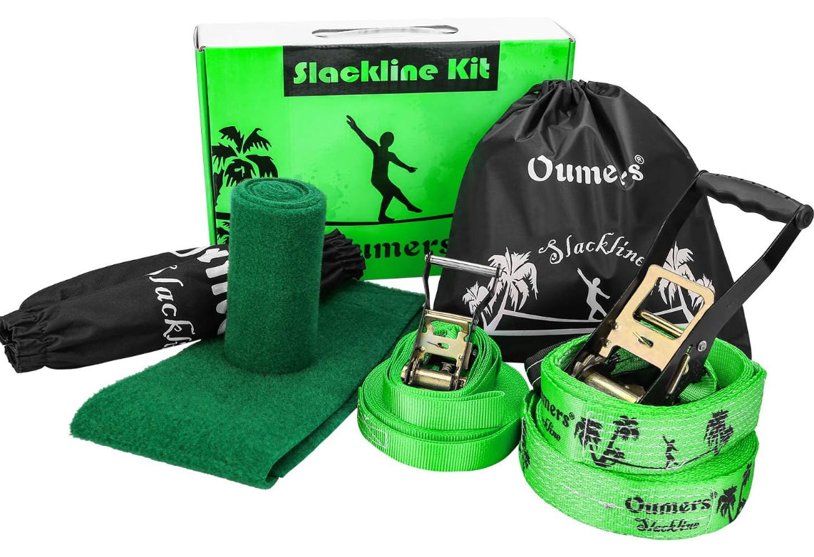 Oumers Beginner Slackline Kit Balance Practice 50ft Slack Line Strap Green