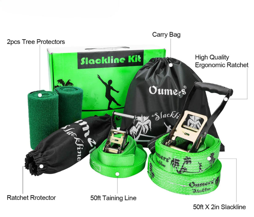 Oumers Beginner Slackline Kit Balance Practice 50ft Slack Line Strap Green