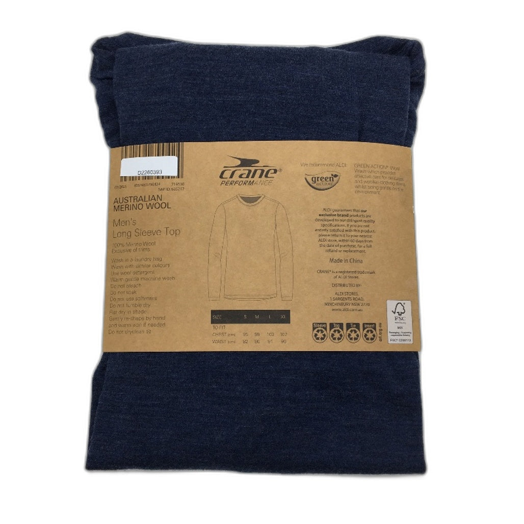 Crane Performance 100% Merino Fine Wool Navy Long Sleeve Top Mens Size S NEW