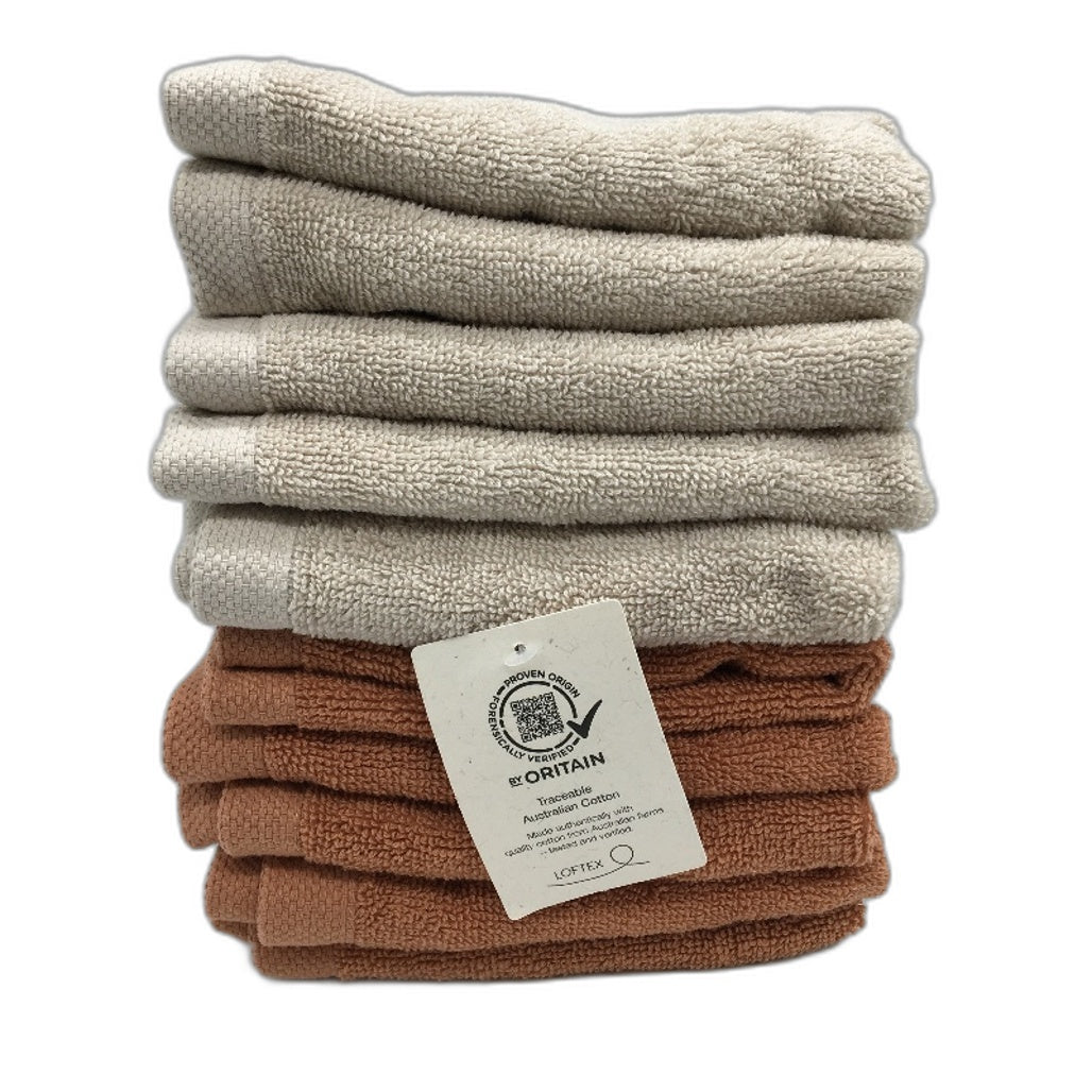 Kirkton House 10 Piece Beige & Clay Square Patterned Luxe Face Washers Pack NEW