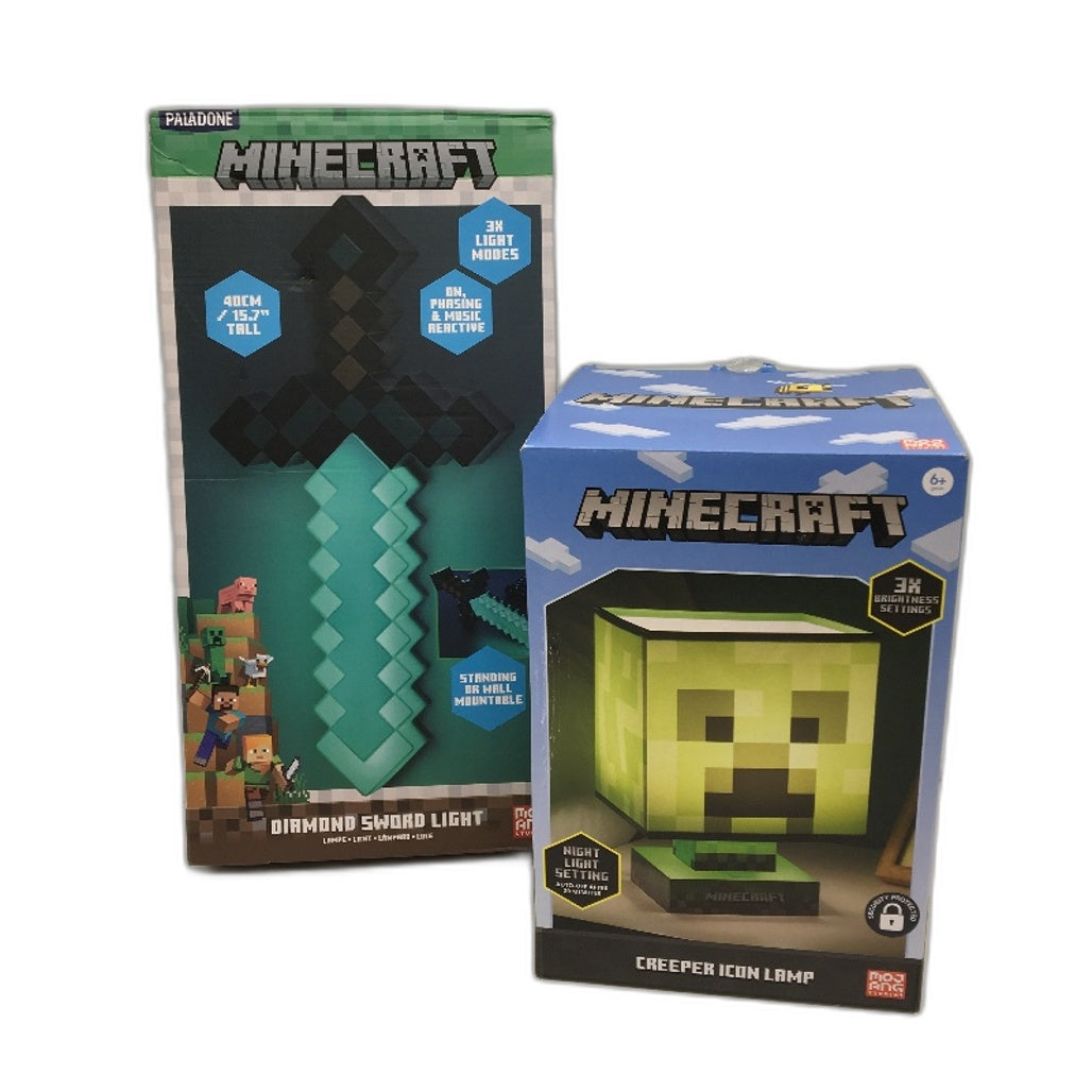 Paladone Minecraft Diamond Sword and Creeper Icon Lamp Home Decor Bundle NEW