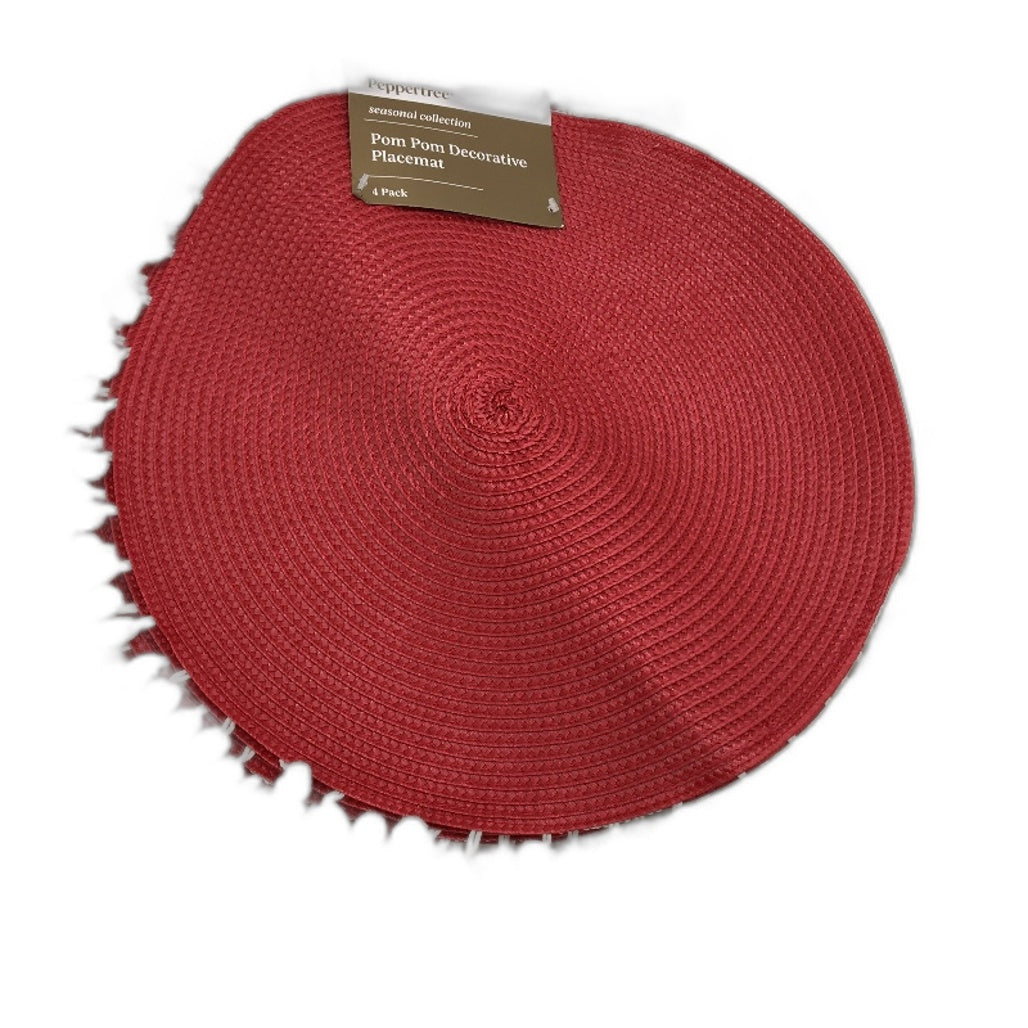 Peppertree Seasonal Collection Red Pom Pom Placemat and Fabric Napery Set NEW