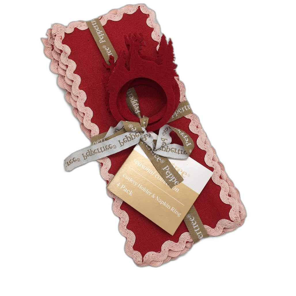 Peppertree Seasonal Collection Red Pom Pom Placemat and Fabric Napery Set NEW