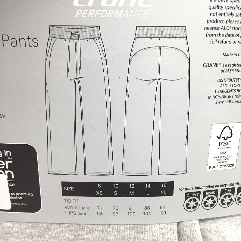 Crane Performance Mid Grey Straight Leg Cotton Blend Track Pants Ladies L NEW