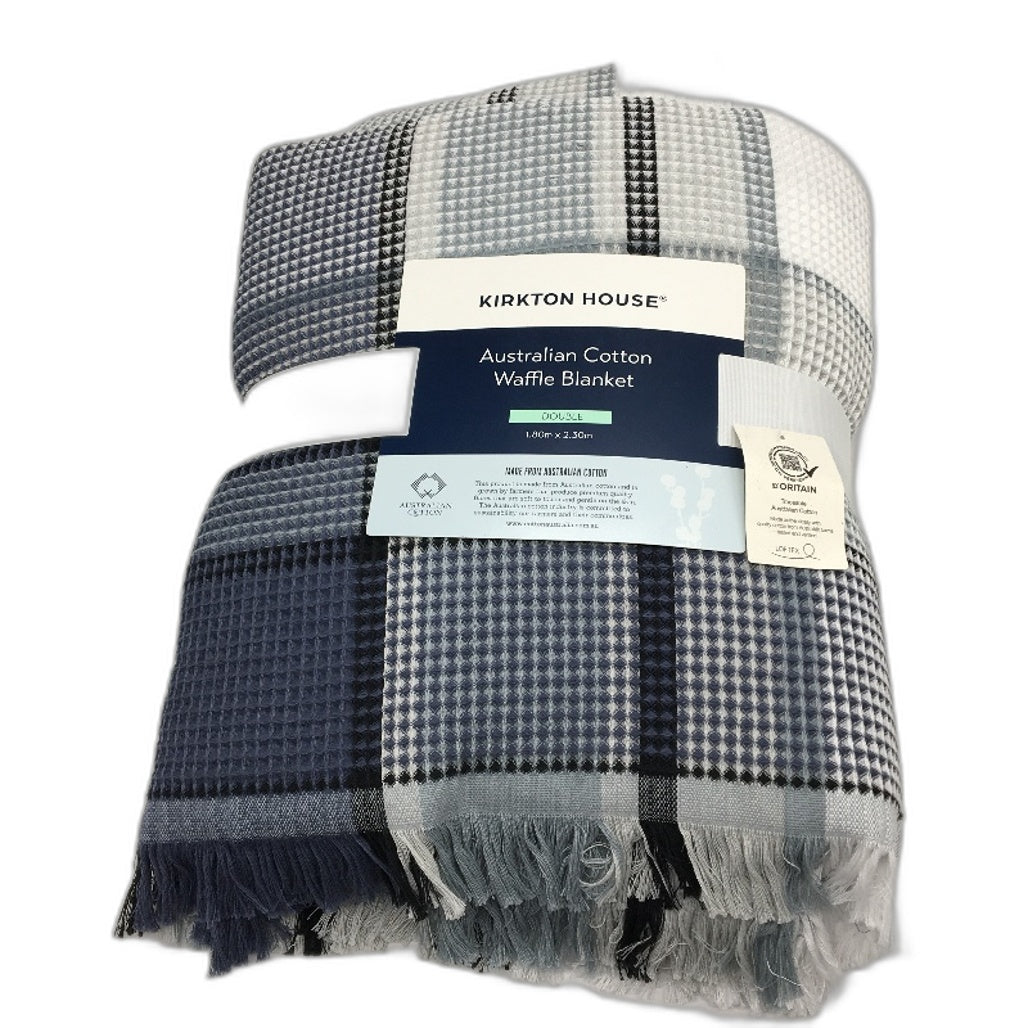 Kirkton House Australian Cotton Blue Check Waffle Blanket 1.8m x 2.3m NEW