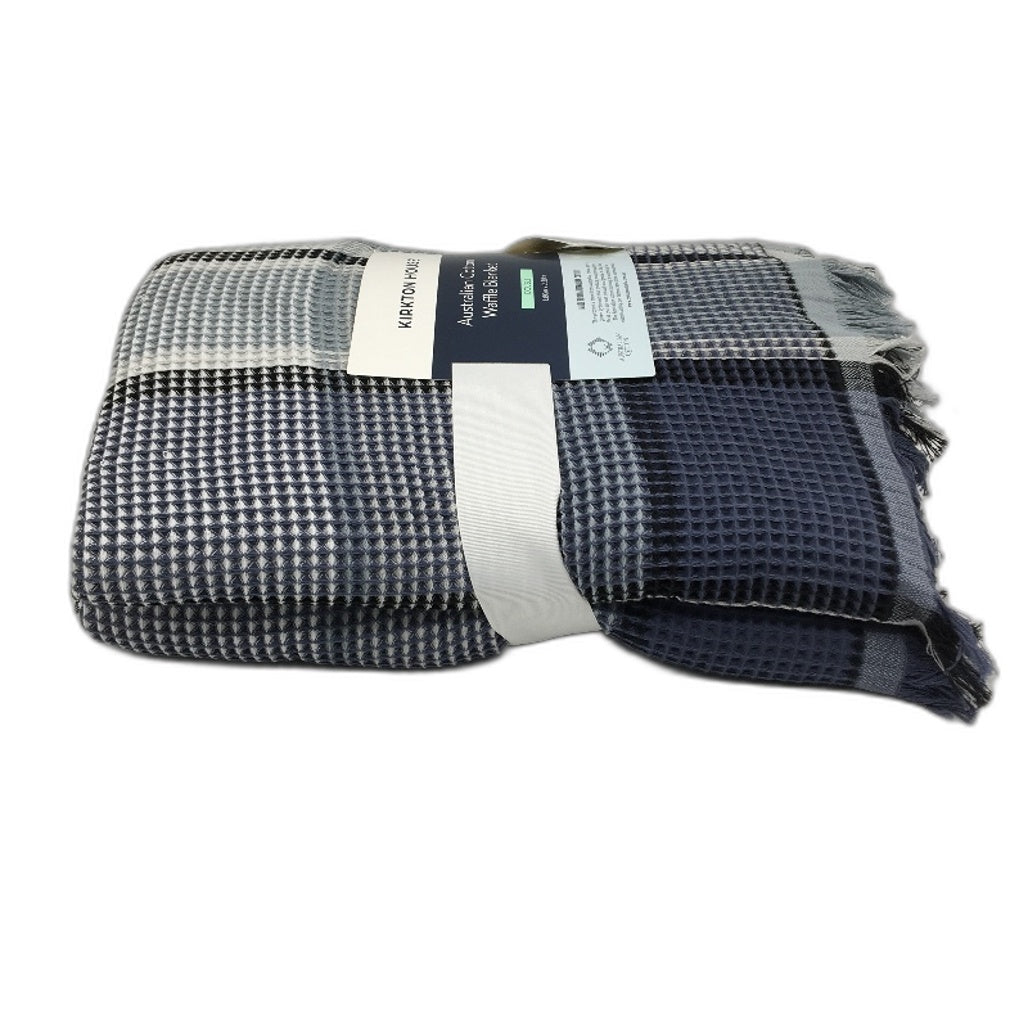 Kirkton House Australian Cotton Blue Check Waffle Blanket 1.8m x 2.3m NEW