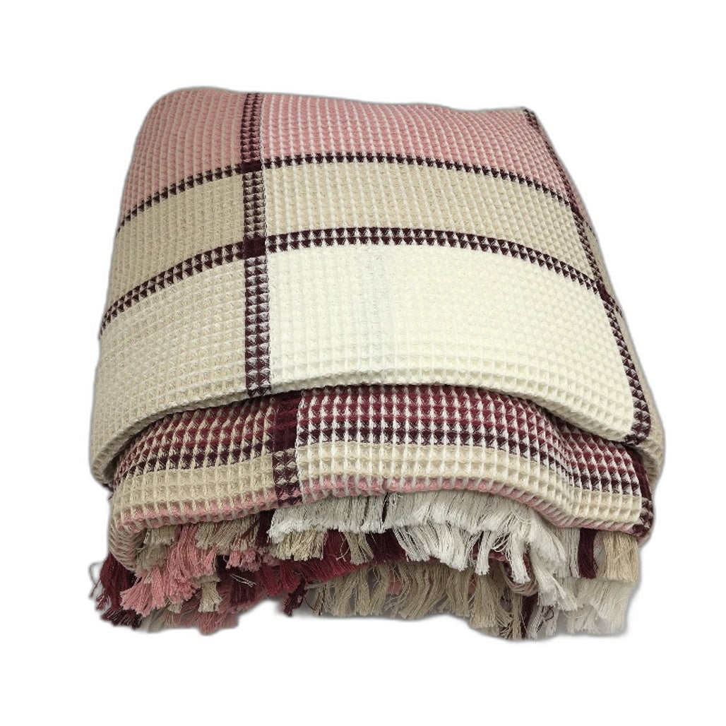 Kirkton House Australian Cotton Burgundy Check Waffle Blanket 1.8m x 2.3m NEW