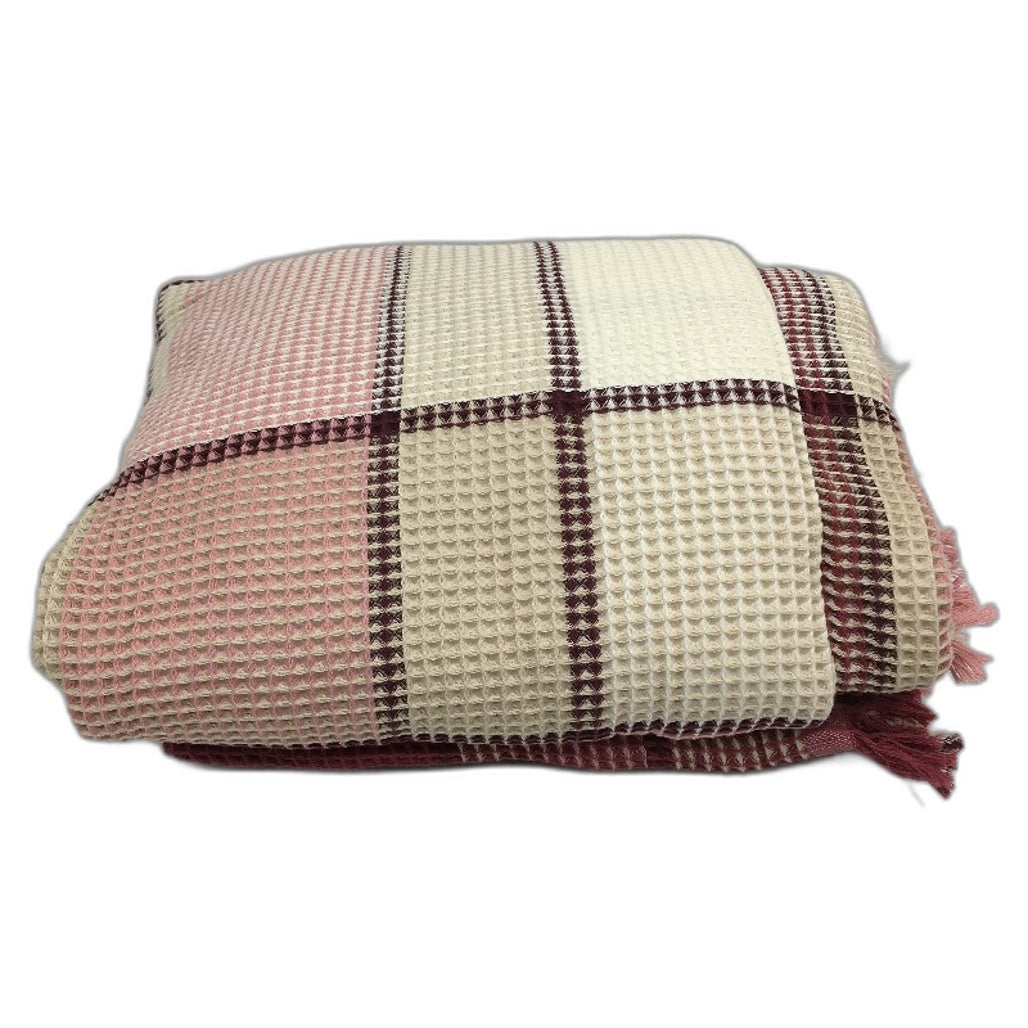 Kirkton House Australian Cotton Burgundy Check Waffle Blanket 1.8m x 2.3m NEW