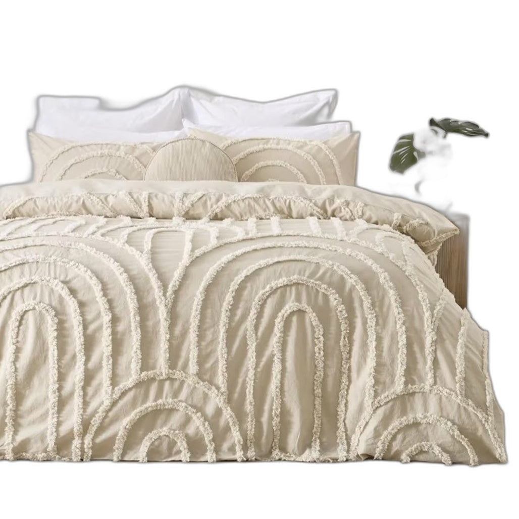 Avery Neutral Beige White Tufted Textured 100% Cotton Quilt Cover Set QUEEN NEW