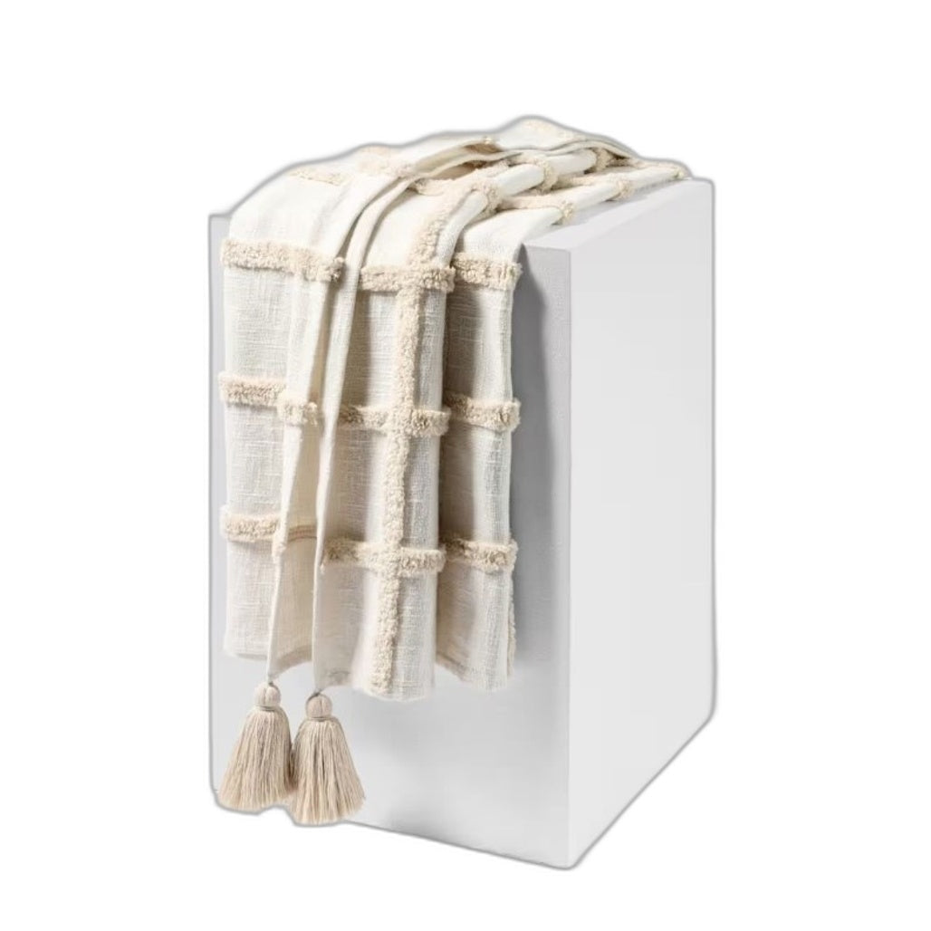 Home Decor Natural 100% Cotton Grid Tufted Textured Throw Blanket 1.27x1.52m NEW