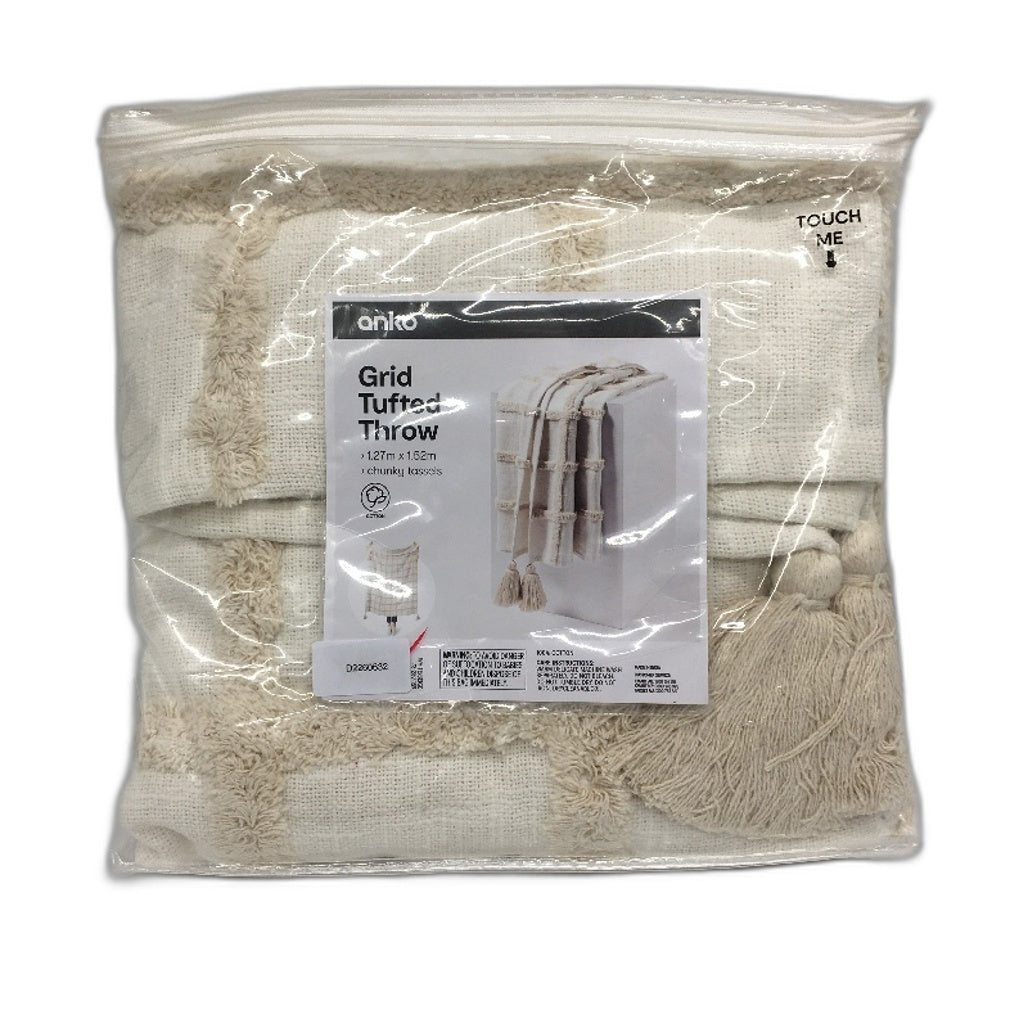 Home Decor Natural 100% Cotton Grid Tufted Textured Throw Blanket 1.27x1.52m NEW