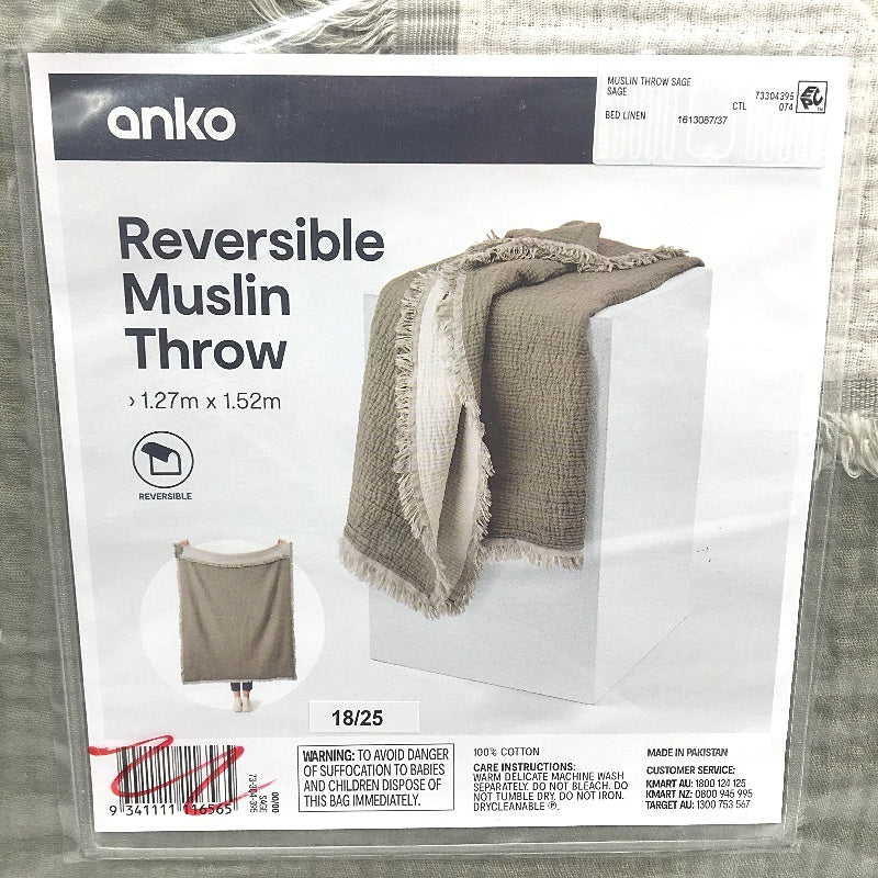 Set of 2 Green Reversible Muslin Lightweight Throw Blankets 1.27x1.52m NEW