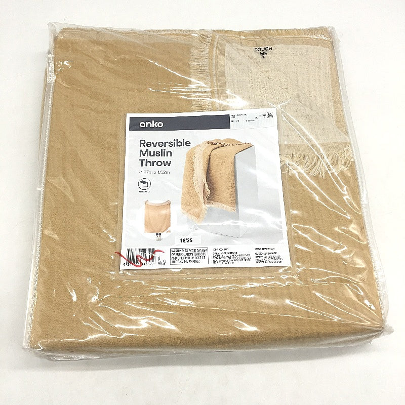 Set of 2 Mustard Reversible Muslin Lightweight Throw Blankets 1.27x1.52m NEW