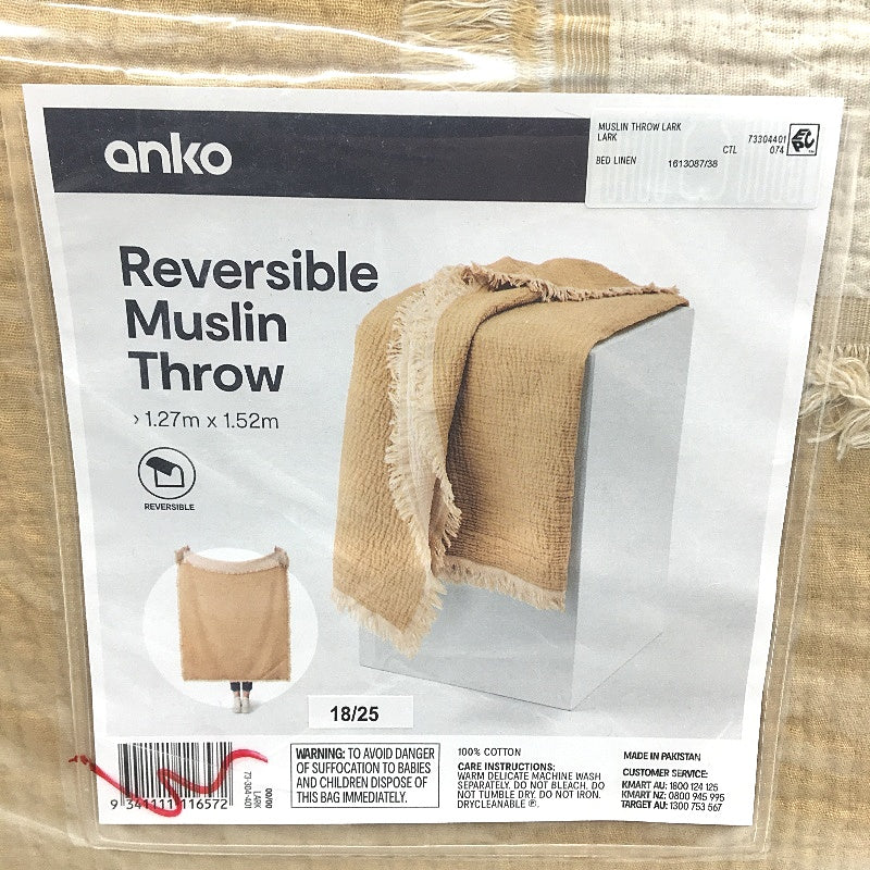 Set of 2 Mustard Reversible Muslin Lightweight Throw Blankets 1.27x1.52m NEW