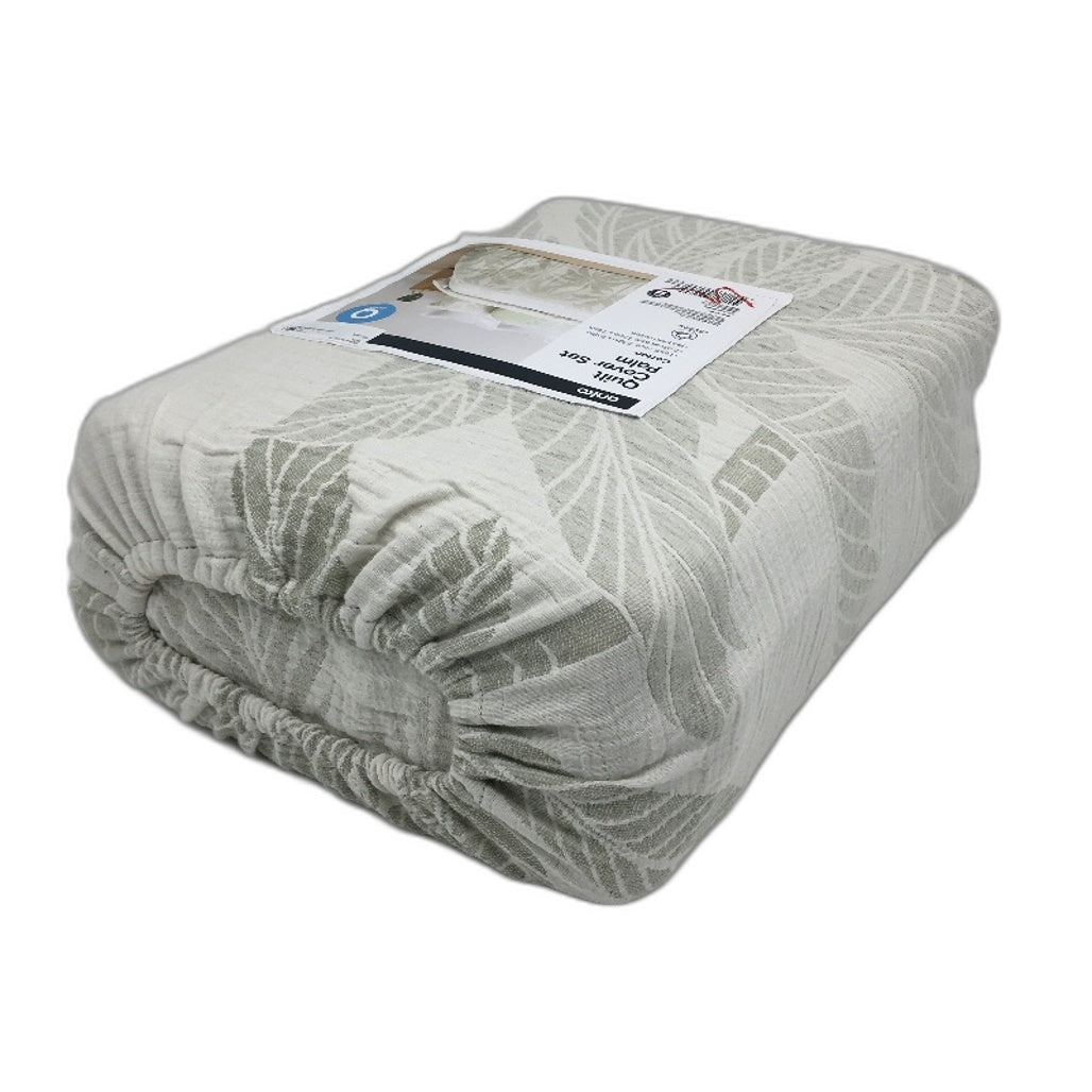 Tropical Palm Sage Green & White 100% Cotton Textured Quilt Cover Set QUEEN NEW