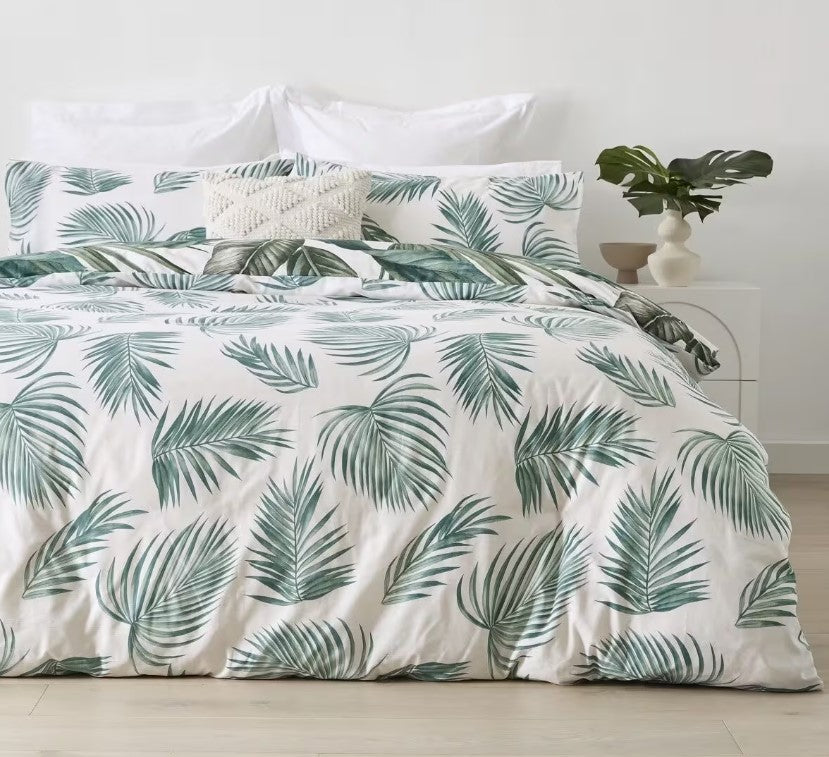 Bryony Easy Care Palm Leaf Reversible Cotton Rich Quilt Cover Set QUEEN NEW