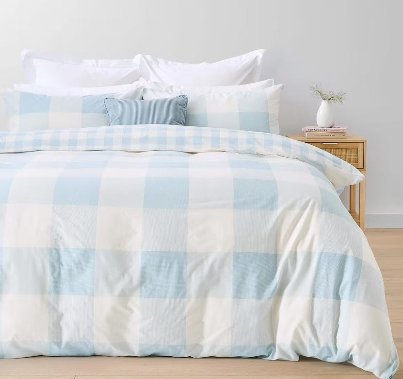 Blake Easy Care Blue Check Reversible Cotton Rich Quilt Cover Set QUEEN NEW