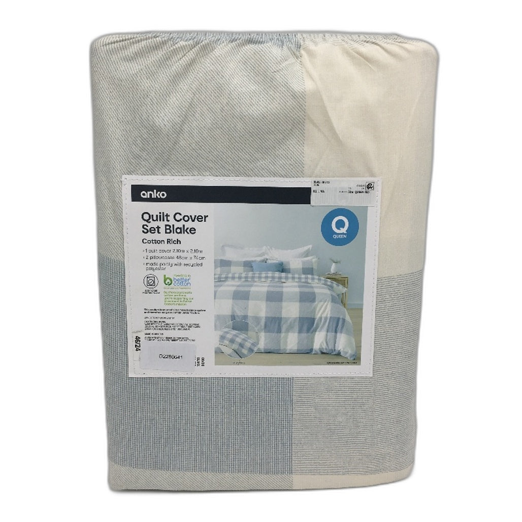 Blake Easy Care Blue Check Reversible Cotton Rich Quilt Cover Set QUEEN NEW