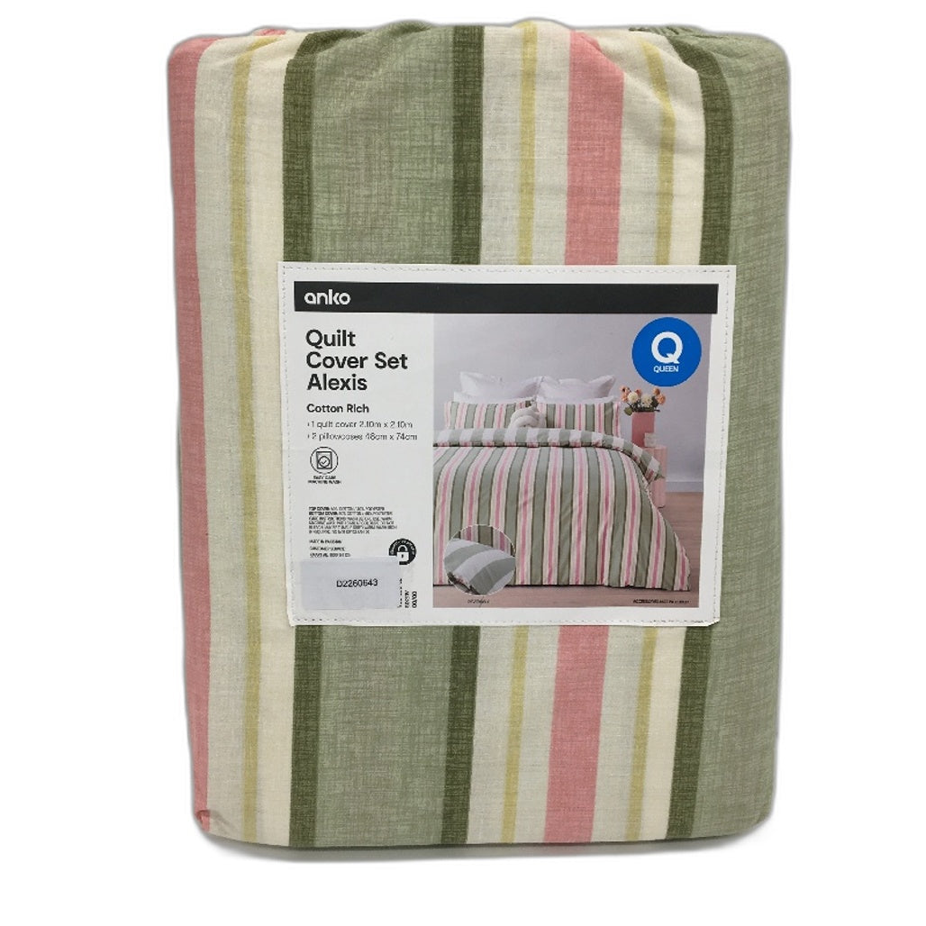 Alexis Easy Care Green Stripe Reversible Cotton Rich Quilt Cover Set QUEEN NEW