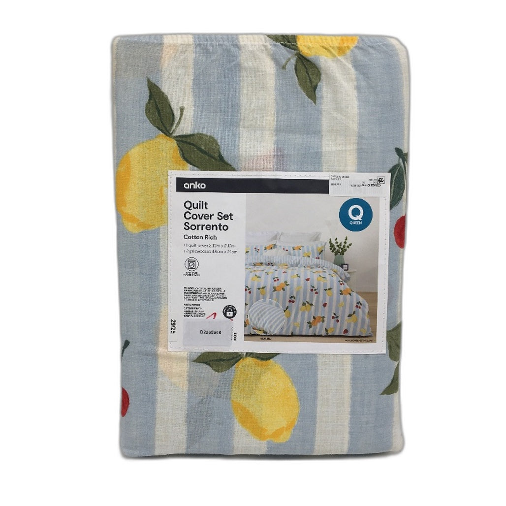 Easy Care Blue Sorrento Fruit Reversible Cotton Rich Quilt Cover Set QUEEN NEW