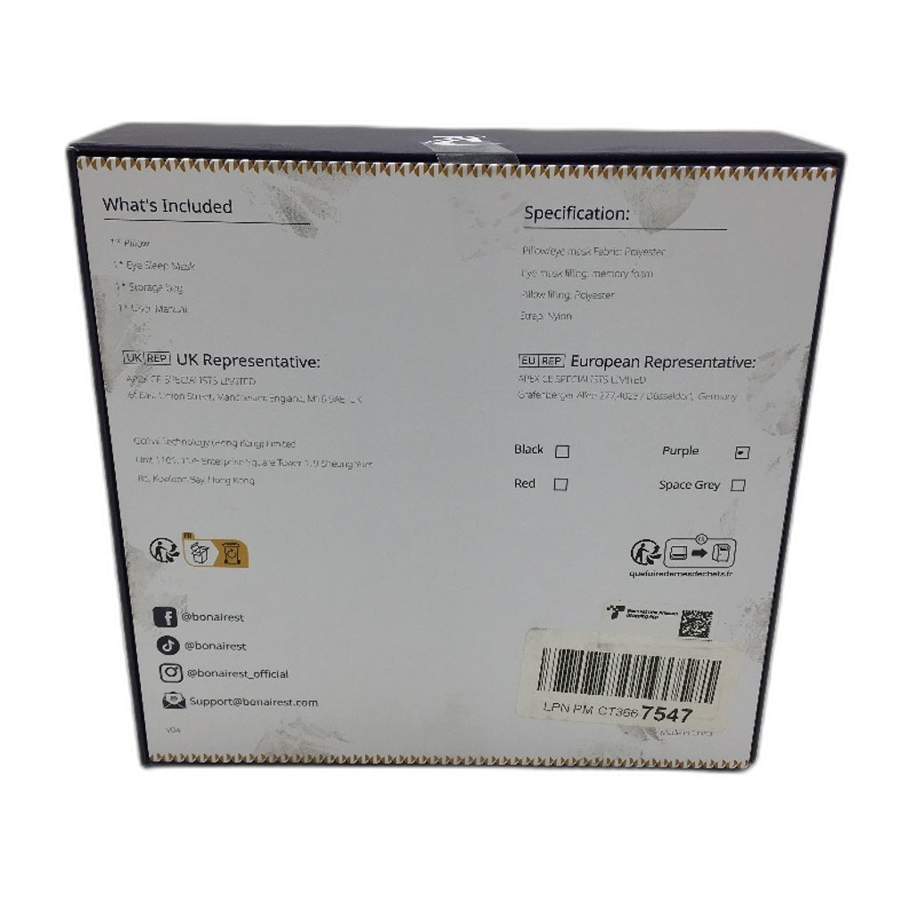 Bonairest Flight Travel Pillow 360 Support Headrest & 3D Eye Mask Purple NEW