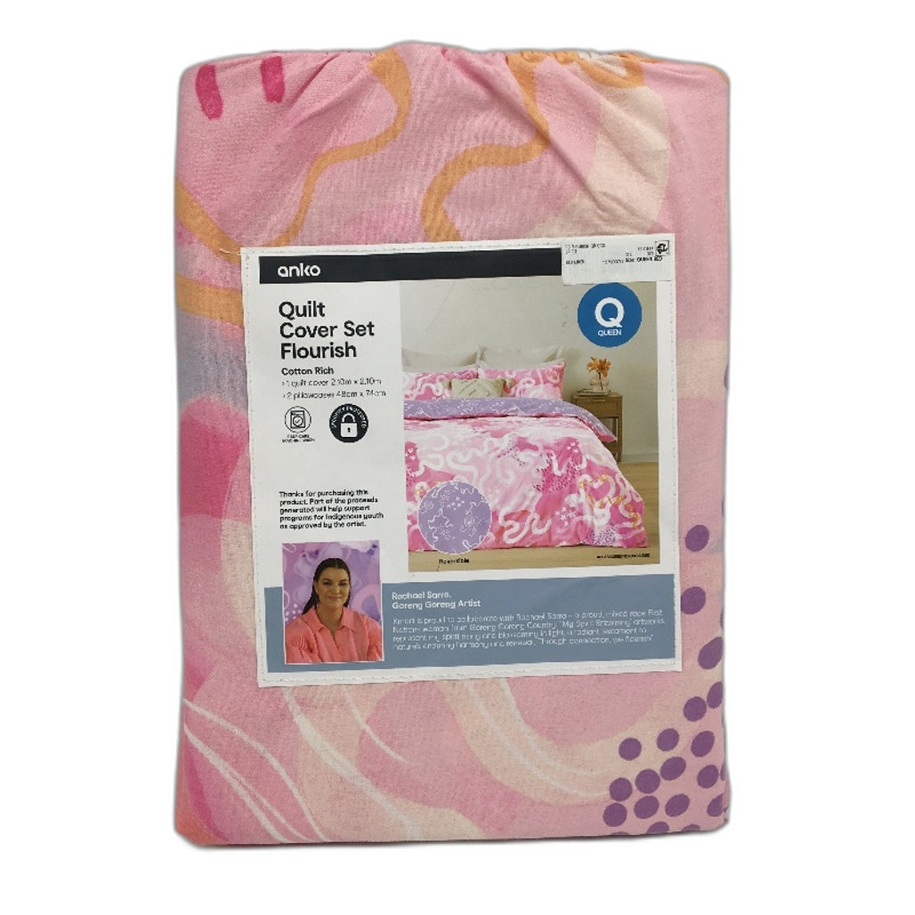 Flourish Easy Care Pink Pattern Reversible Cotton Rich Quilt Cover Set QUEEN NEW