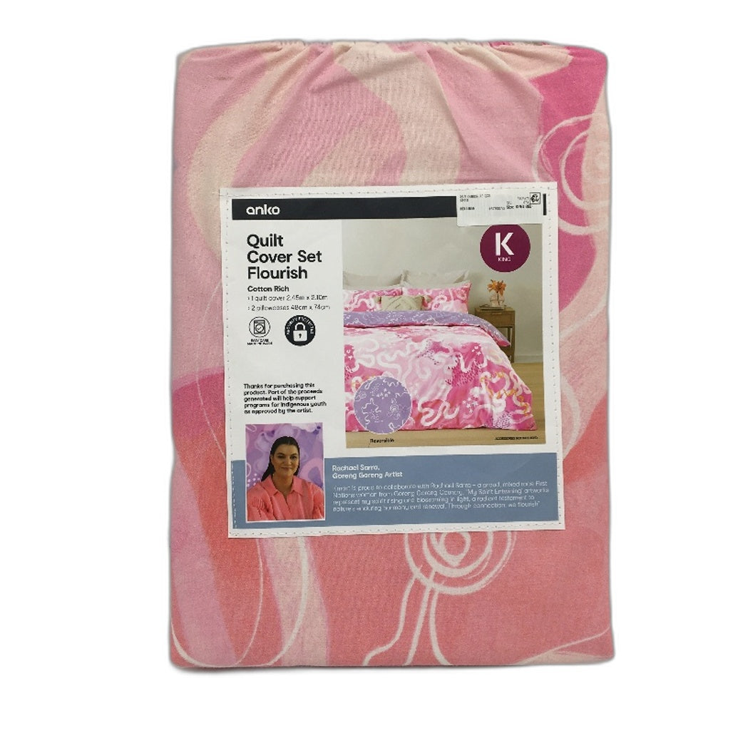 Flourish Easy Care Pink Pattern Reversible Cotton Rich Quilt Cover Set KING NEW