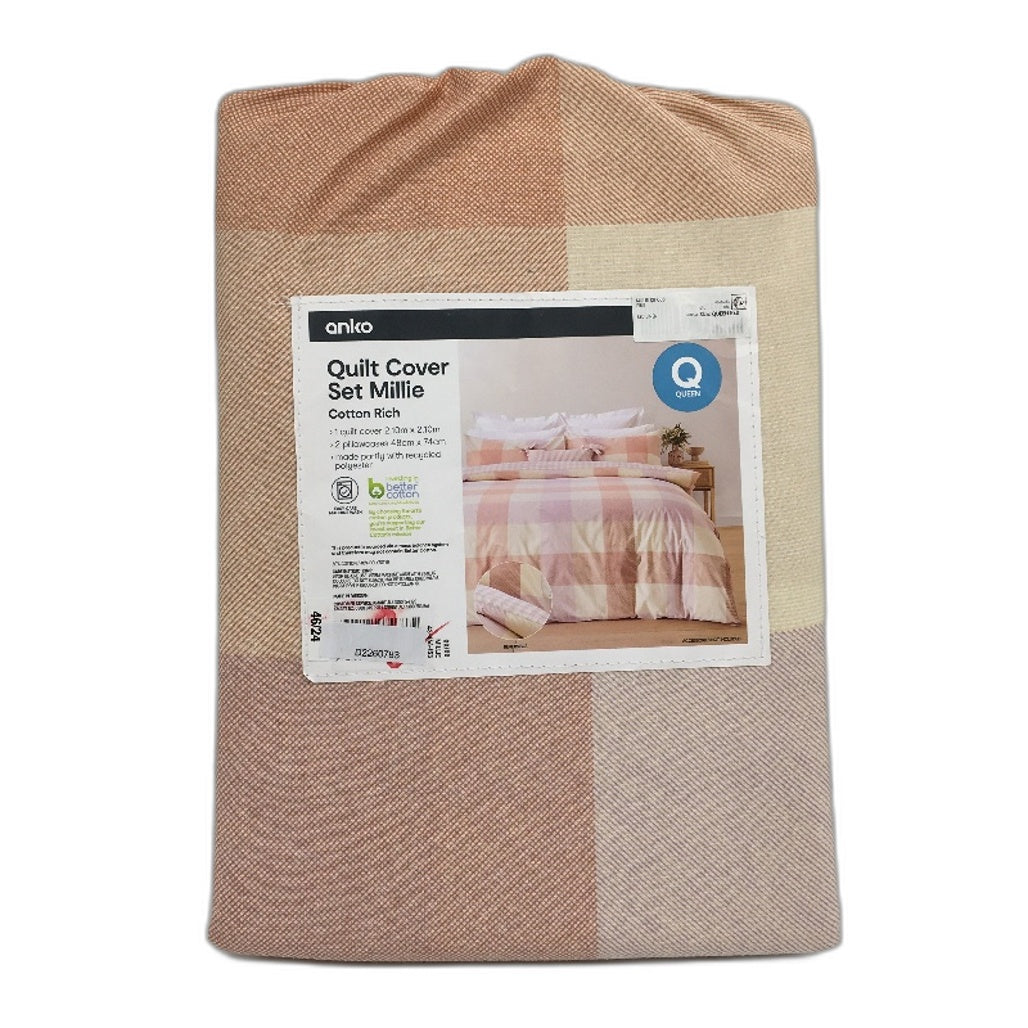 Millie Easy Care Large Check Reversible Cotton Rich Quilt Cover Set QUEEN NEW