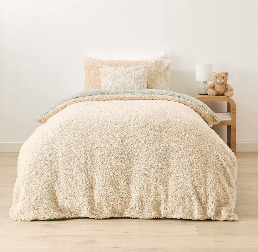 Soft Touch Teddy Fleece Moss Green & White Fluffy Quilt Cover Set SINGLE Bed NEW