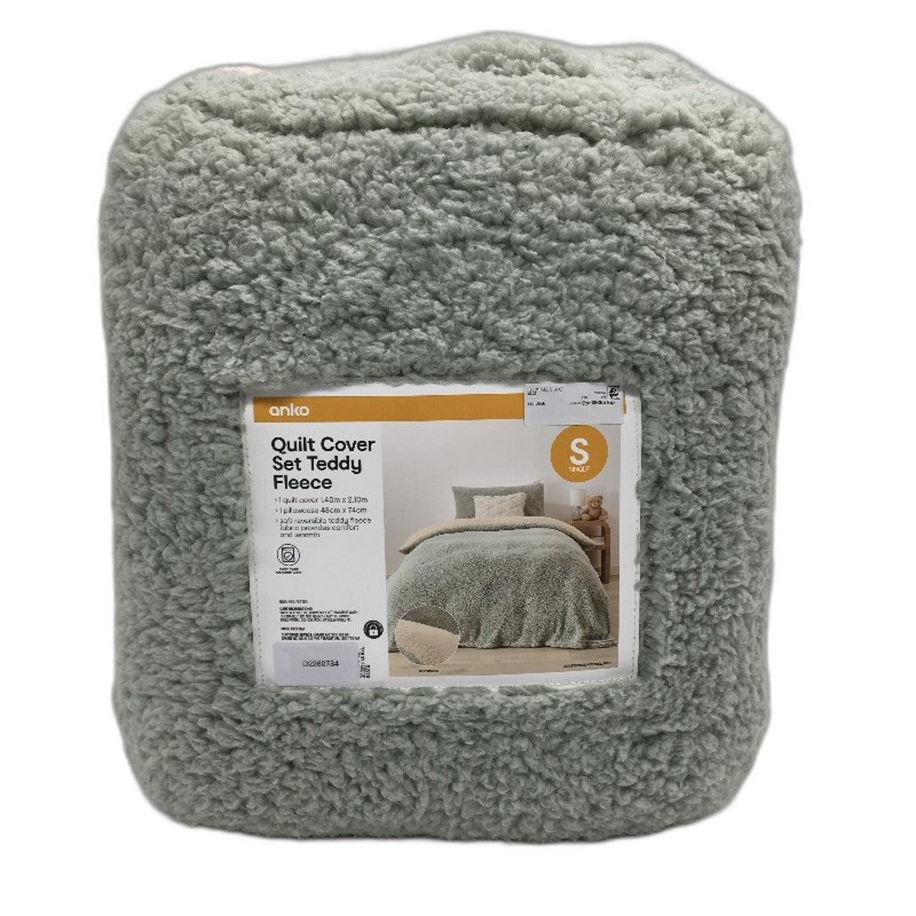 Soft Touch Teddy Fleece Moss Green & White Fluffy Quilt Cover Set SINGLE Bed NEW