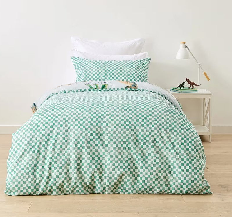 Dinosaur Cotton Rich Green Check Reversible Quilt Cover Set SINGLE Bed NEW
