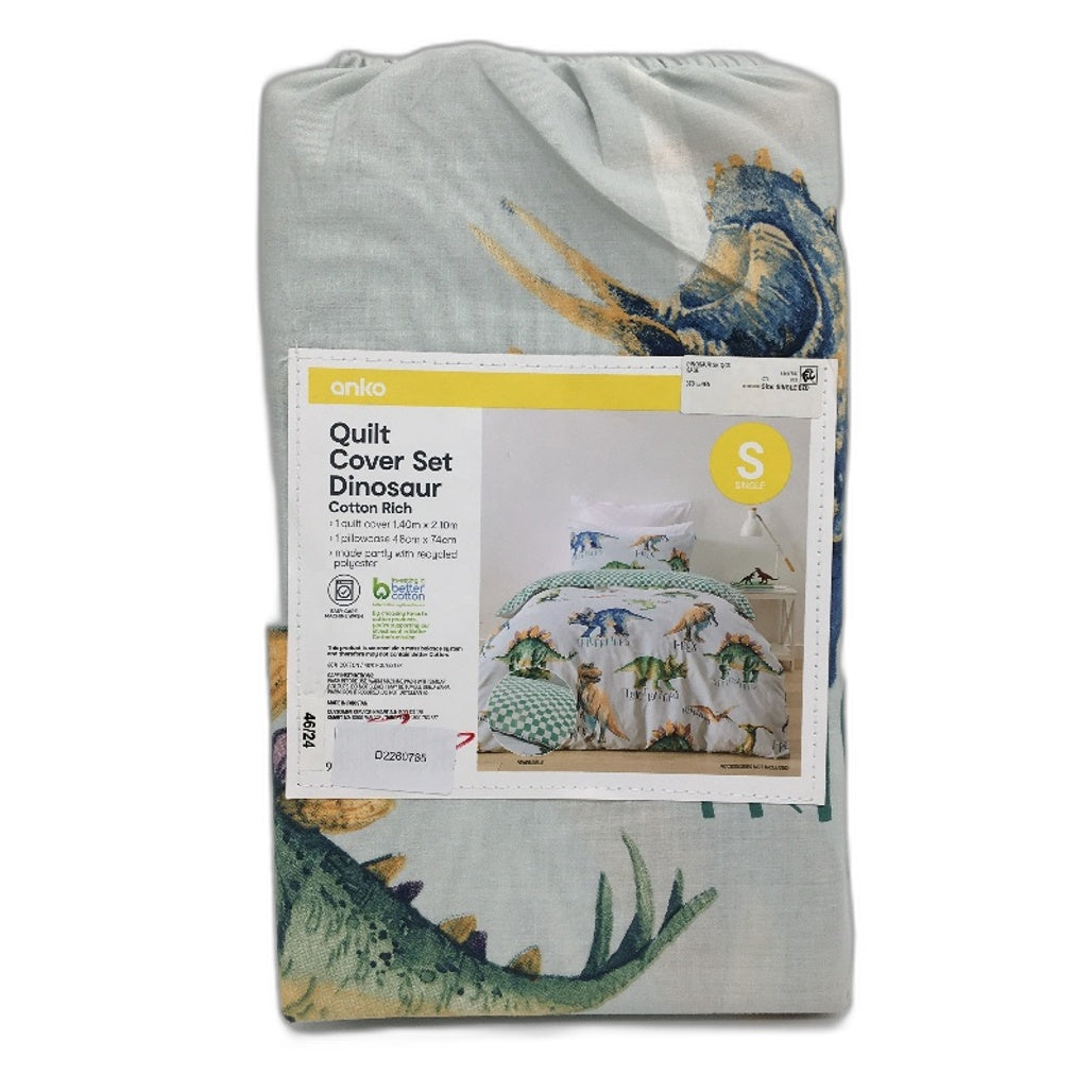 Dinosaur Cotton Rich Green Check Reversible Quilt Cover Set SINGLE Bed NEW