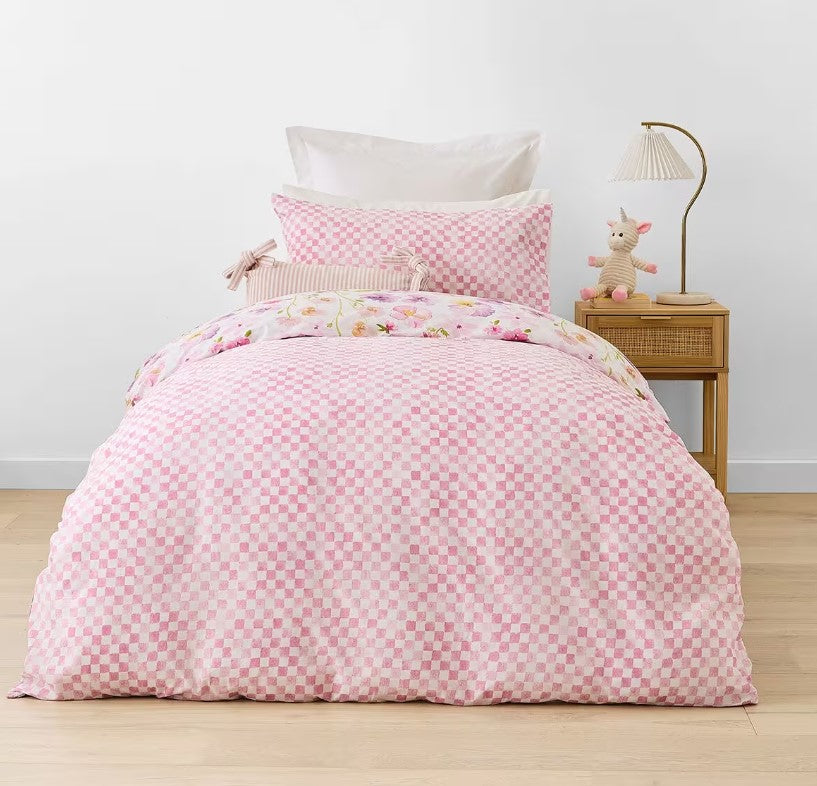 Fawn Cotton Rich Pink Floral & Check Reversible Quilt Cover Set SINGLE Bed NEW