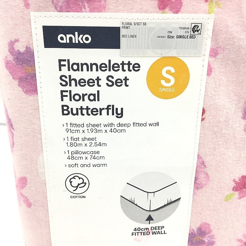 Soft Touch & Warm Flannelette Floral Butterfly Pink Sheet Set SINGLE Bed NEW