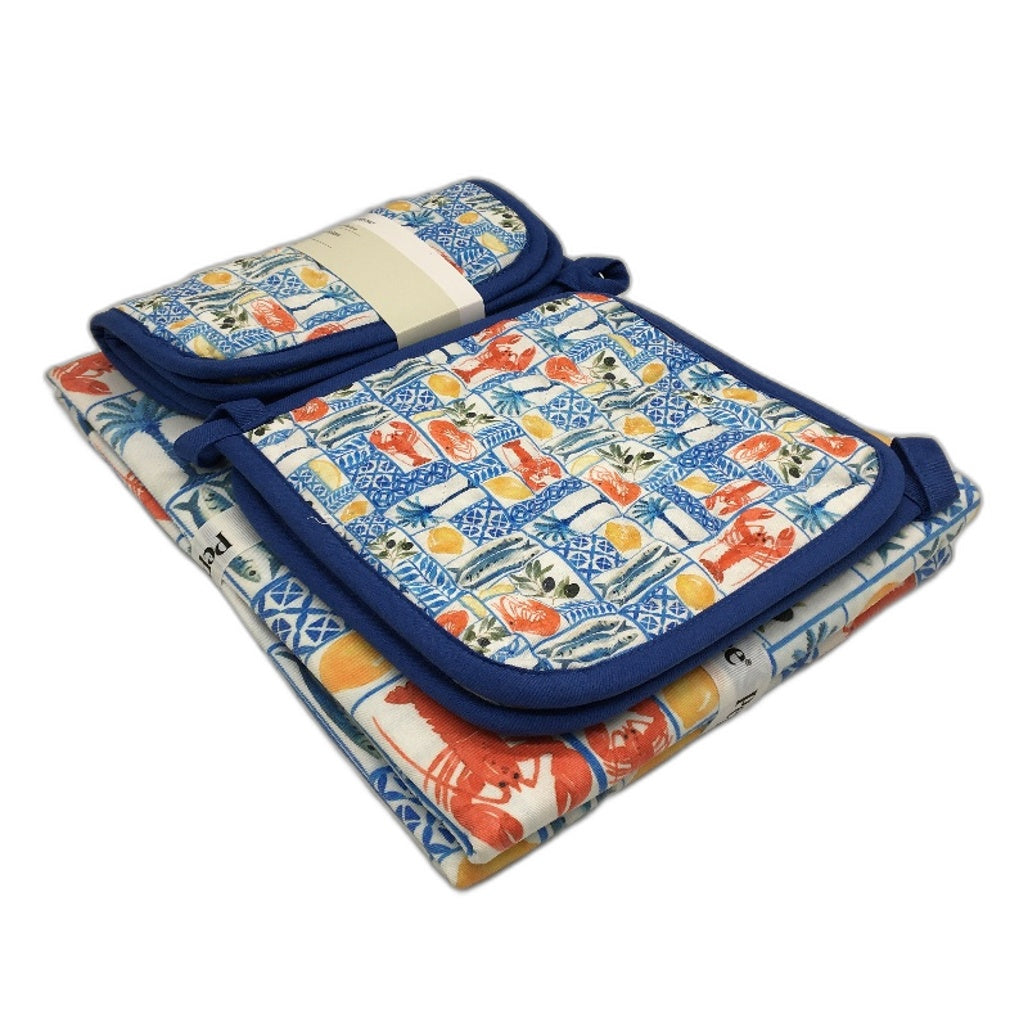 Peppertree Blue Colourful Market Fresh Food Theme Tablecloth & 4 Pot Holders NEW