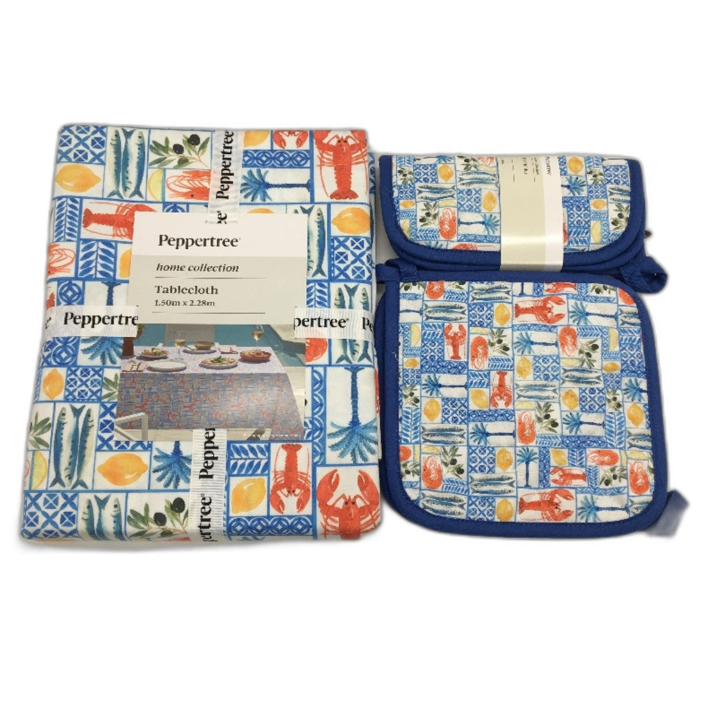 Peppertree Blue Colourful Market Fresh Food Theme Tablecloth & 4 Pot Holders NEW