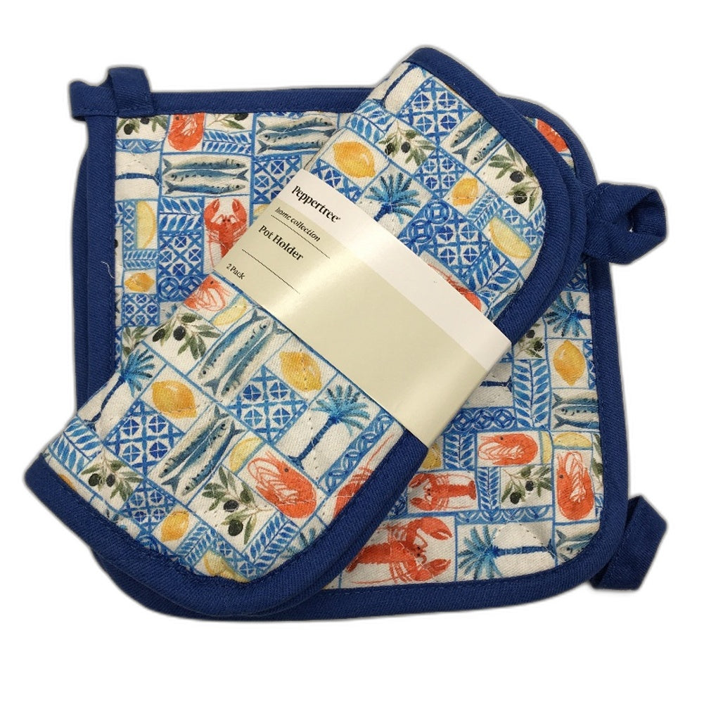 Peppertree Blue Colourful Market Fresh Food Theme Tablecloth & 4 Pot Holders NEW