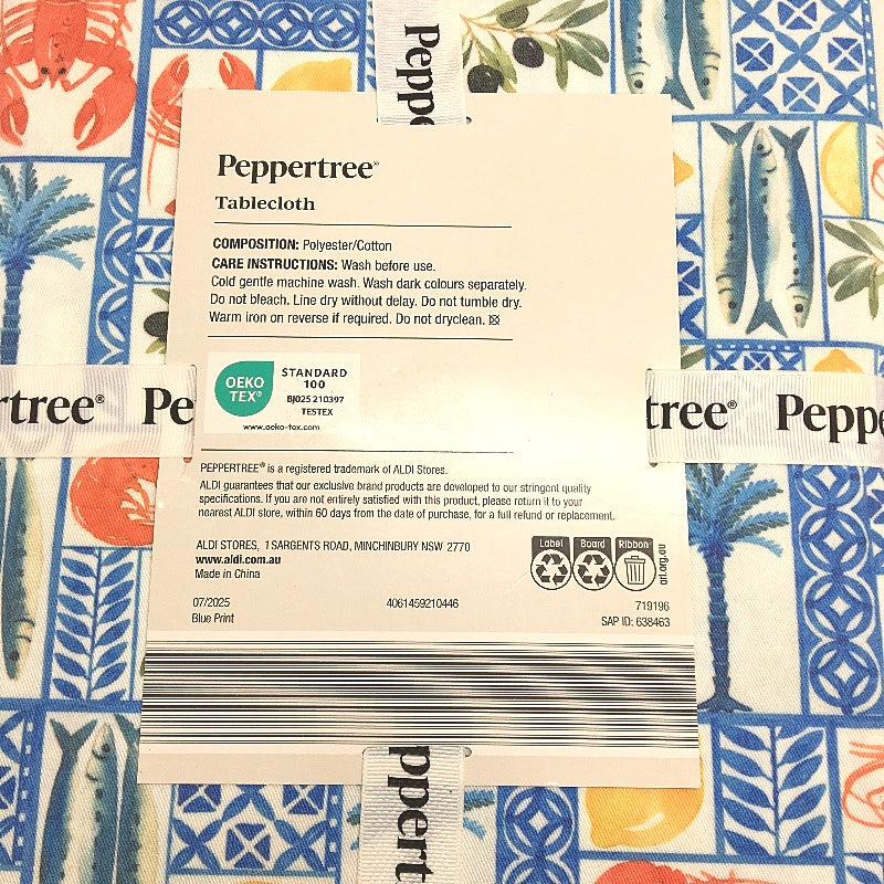 Peppertree Blue Colourful Market Fresh Food Theme Tablecloth & 4 Pot Holders NEW