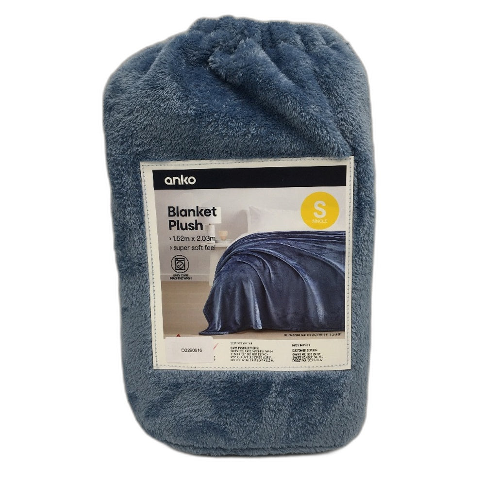 Super Soft Easy Care Blue Machine Washable Plush Ribbed Blanket SINGLE Size NEW