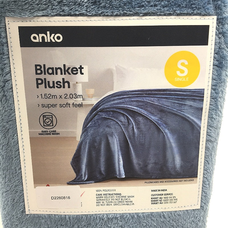 Super Soft Easy Care Blue Machine Washable Plush Ribbed Blanket SINGLE Size NEW